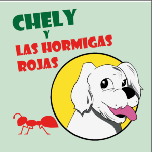 Portada delcuento. El rostro de la perrita Chely rodeada de hormigas rojas