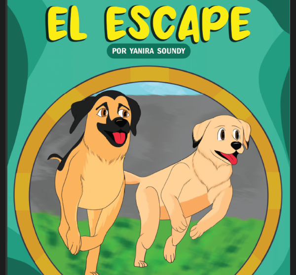 portada del cuento con titulo y dos perros corriendo de raza golden y pastor