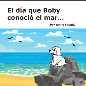 portada con titulo y el dibujo de un perrito blanco sobre una roca viendo el mar