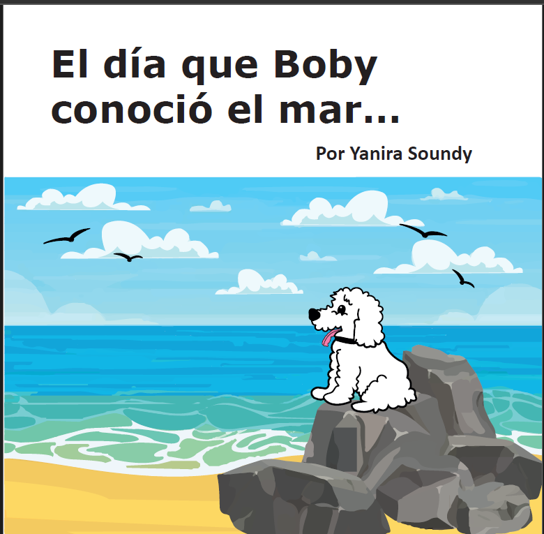 portada con titulo y el dibujo de un perrito blanco sobre una roca viendo el mar