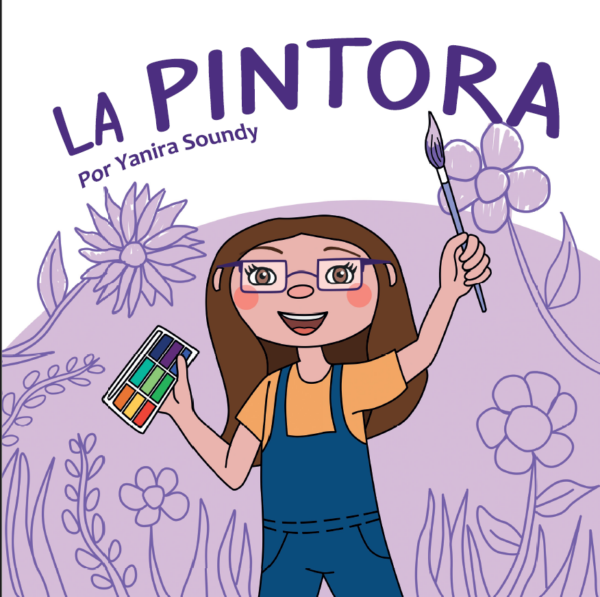 Portada del cuento La Pintora, una niña de lentes que viste overol y en sus manos tiene unos pinceles