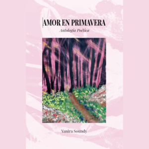 portada del libro con pintura acrilica de un bosque con luz rosada y flores de todos colores