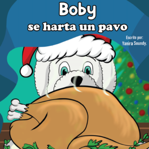 Perro blanco con gorro navideño comiéndose un pavo.