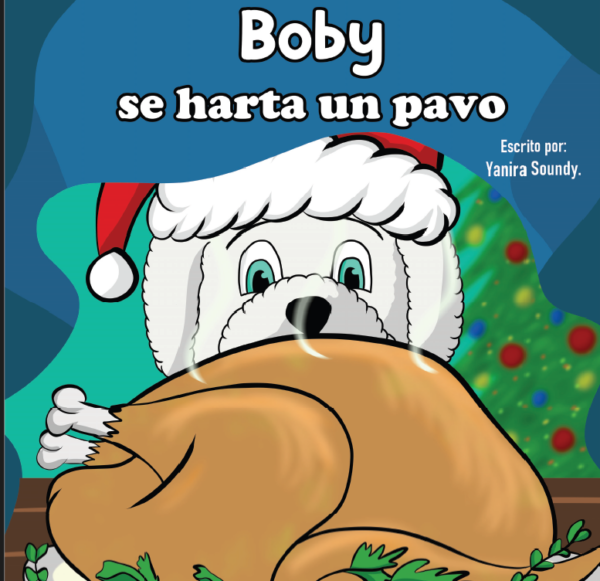 Perro blanco con gorro navideño comiéndose un pavo.