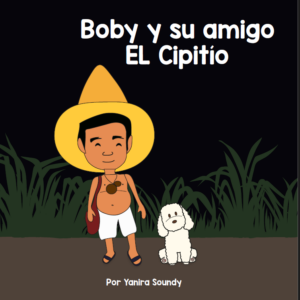 Un perro blanco y un niño sin camisa, con un sobrero grande, pantalones cortos color blanco y una pita con un tecomate pequeño, miran hacia al frente muy tranquilos. Atrás hay zacate verde bastante alto.