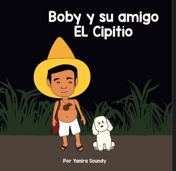 Un perro blanco y un niño sin camisa, con un sobrero grande, pantalones cortos color blanco y una pita con un tecomate pequeño, miran hacia al frente muy tranquilos. Atrás hay zacate verde bastante alto.