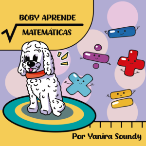 Perro colocho color blanco pensando y simbolos de igual, suma, resta, multiplicación y división.