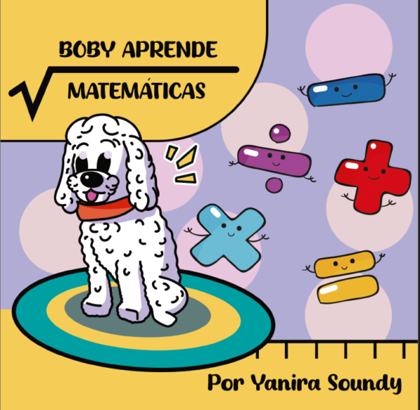 Perro colocho color blanco pensando y simbolos de igual, suma, resta, multiplicación y división.